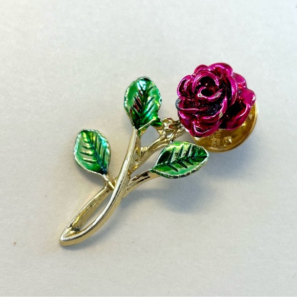 Vintage Single Rose Reddish Pink And Green Lapel Tack Pin Ballou Reg D Gold Tone - Picture 5 of 5
